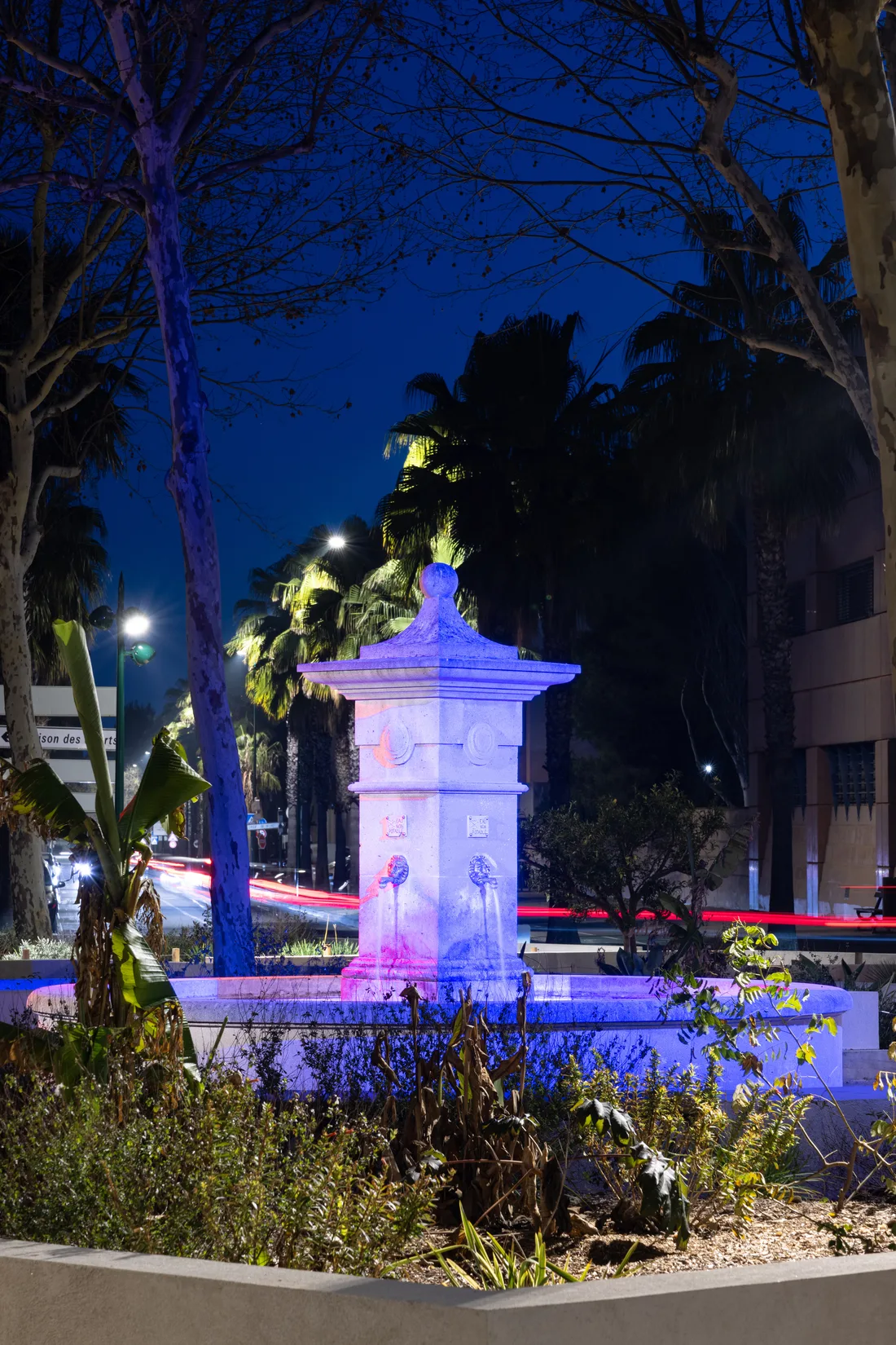 Avenue éclairée de nuit dans le Var, réalisation d'éclairage public Avicollo