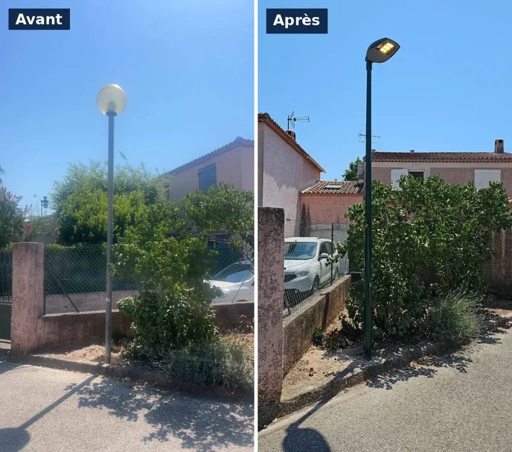 Avant et après : la lanterne boule sur mât gris est remplacée par un luminaire LED sur mât vert, posé par Avicollo dans une rue résidentielle du Var